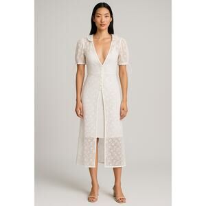 Majorelle White Floral Lace Short Sleeve Plunge Ruffle Sheer Midi Dress XS